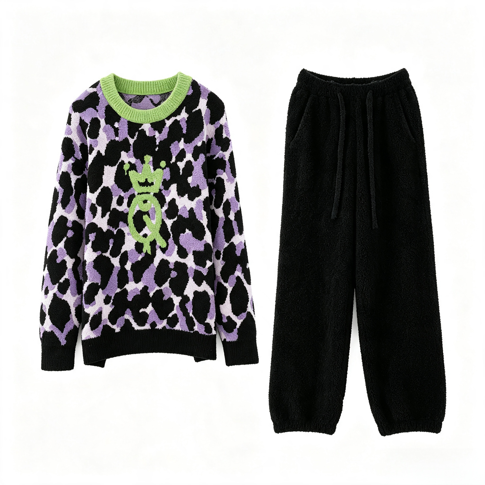 Women's Purple Black Leopard Half Fleece Pajama Set, Green Crew Neck Long Sleeve Top & Drawstring Wide Leg Pants, Irregular Leopard Print, Chest Crown Graphic Detail