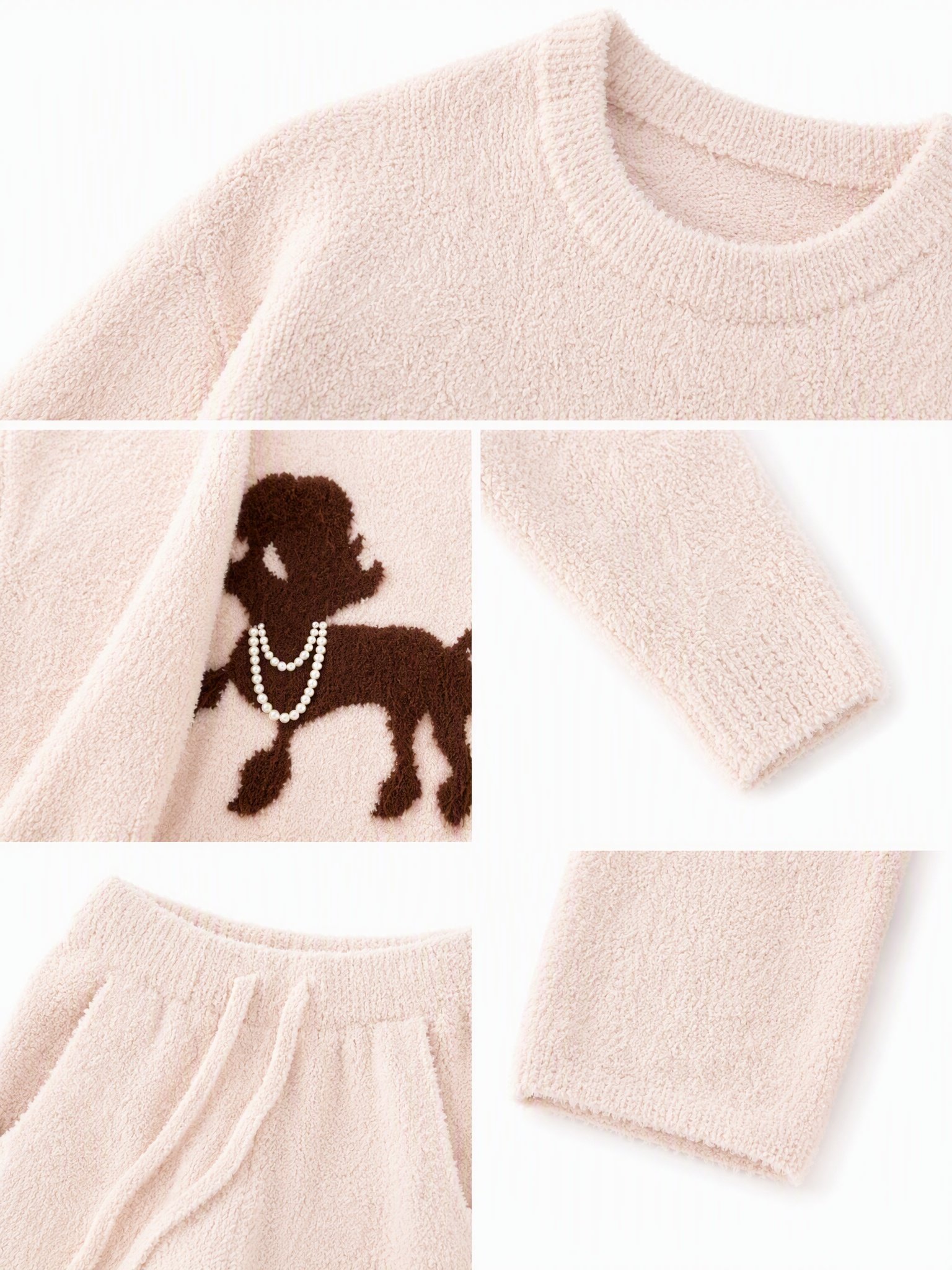 Women's Light Pink Half Fleece Pajama Top, Ribbed Crew Neck Long Sleeve, Brown Puppy Graphic with Pearl Embellishment, Soft Fleece Fabric