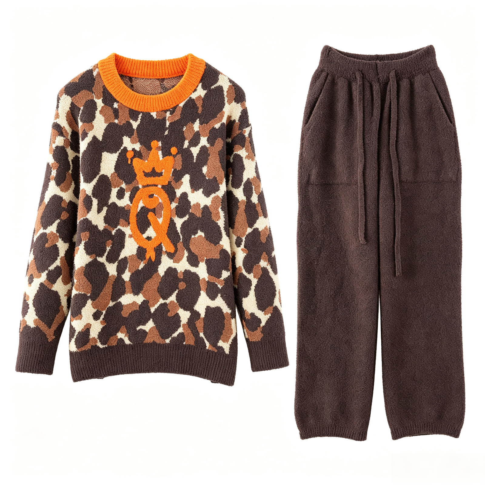 Leopard Print Half Fleece Loungewear Set, Orange Contrast Crew Neck Long Sleeve Top & Dark Brown Drawstring Wide Leg Pants, Crown Logo Jacquard