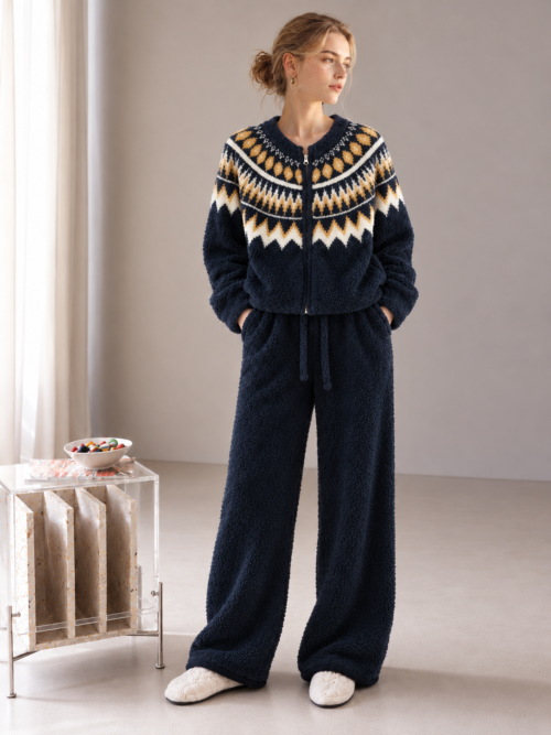 Women's navy blue half velvet pajama set, Fair Isle jacquard zip-up round neck top, drawstring wide leg pants