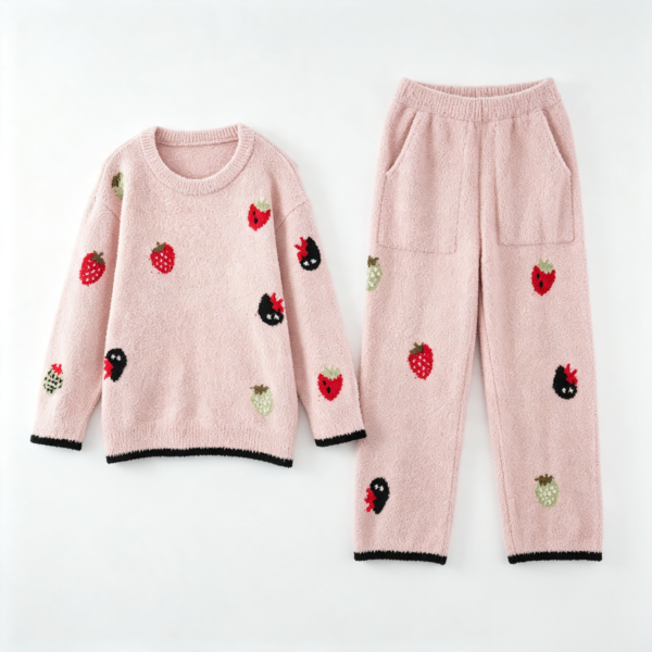 Flat lay of a pink half fleece pajama set with crew neck top, elastic waist pants, strawberry jacquard pattern and black contrast trim