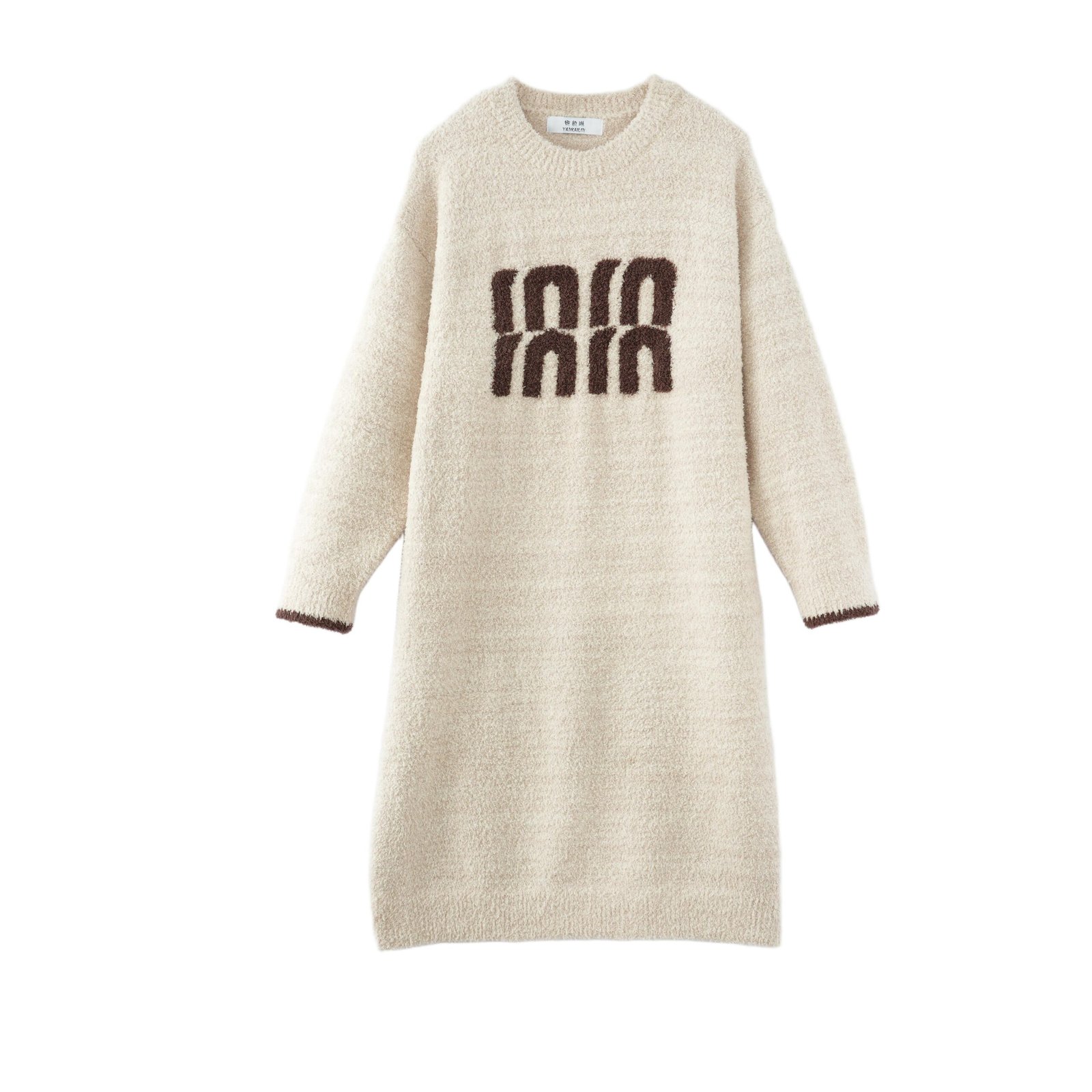 3D Letter Embroidery Crew Neck Half Fleece Nightgown Women's Beige Contrast Cuff Warm Winter Sleep Dress - Image 6
