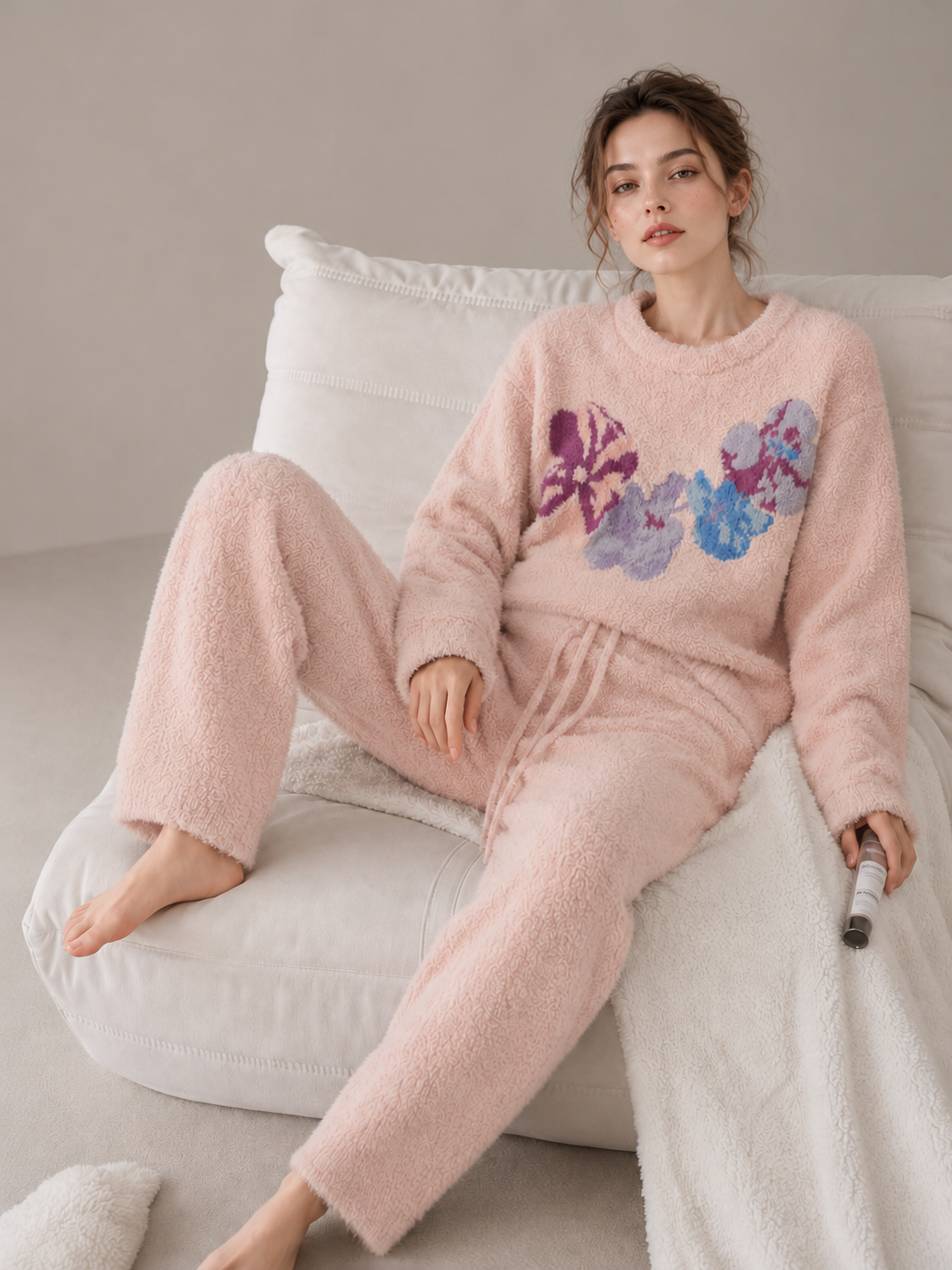 Cream Colorful Floral Print Crew Neck Half Fleece Pajama Set Women's Warm Winter Loungewear - Image 14