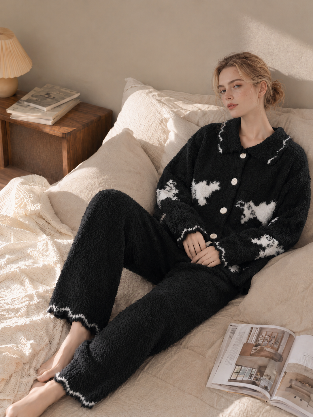 Women's Black Half Fleece Pajama Set, Flat Lay View, Collared Button Top & Wide Leg Pants, Puppy Pattern, Side Pockets, Contrast Trimmed Edges