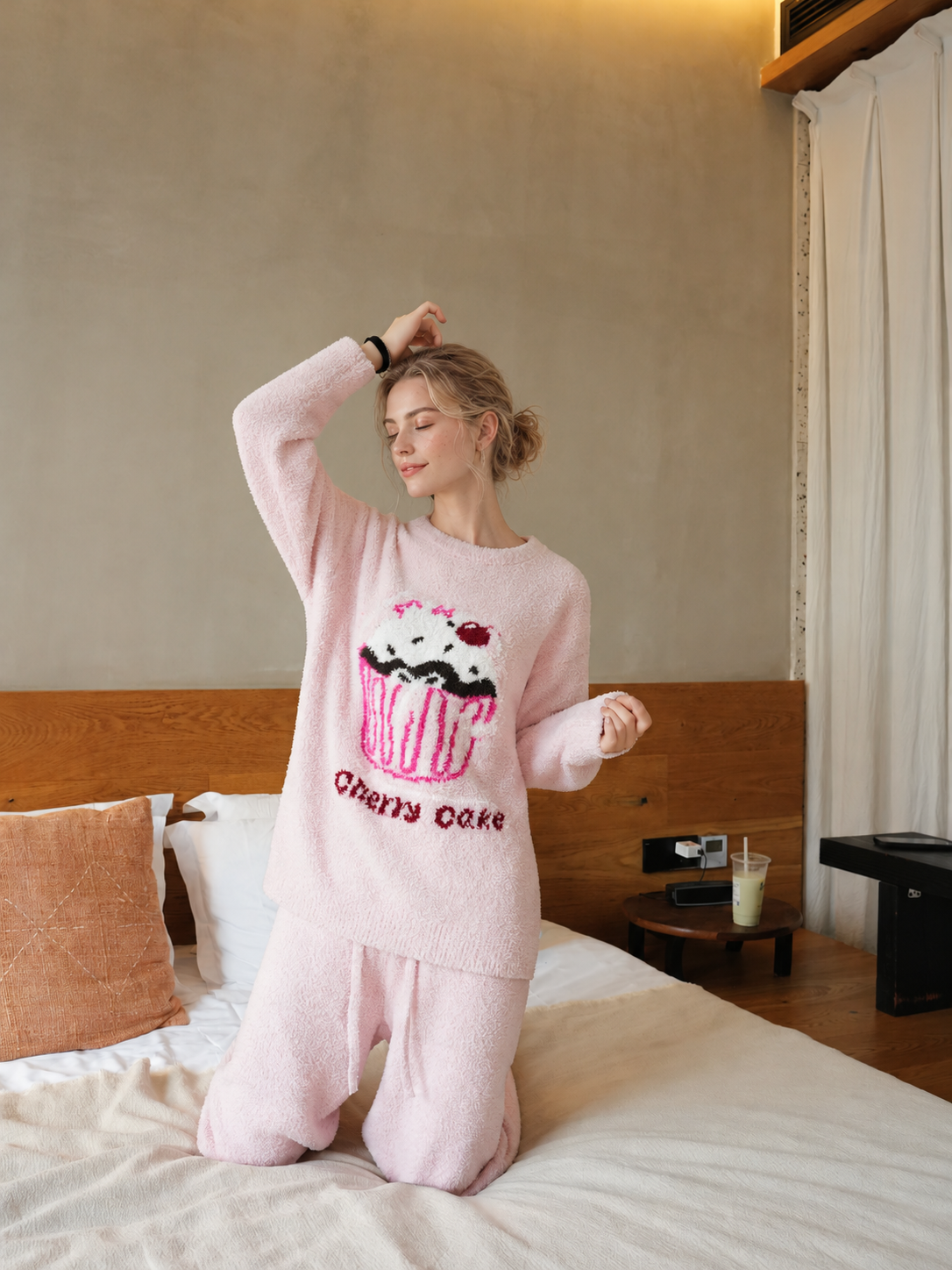 Women's Pink Half Fleece Pajama Set, Crew Neck Long Sleeve Top & Drawstring Wide Leg Pants, Cherry Cake Pattern, Side Pocket Detail