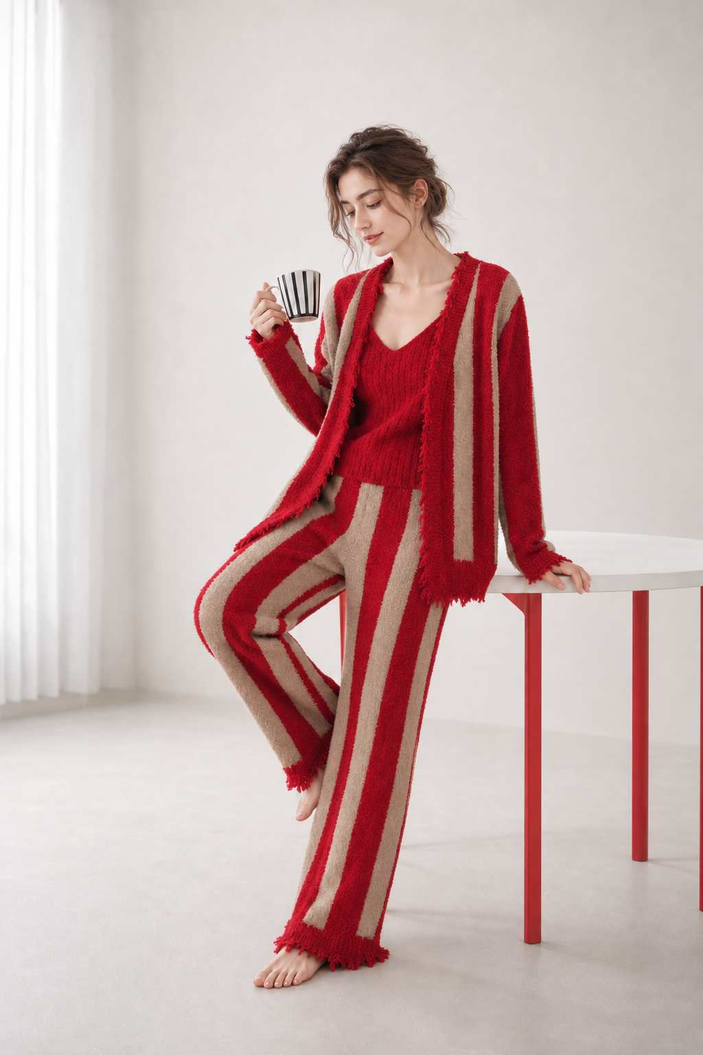 Women's Red & Beige Half Fleece 3-Piece Lounge Set, Vertical Stripe Frayed Trim Cardigan & V-neck Camisole & Wide Leg Pants, Side Angled View