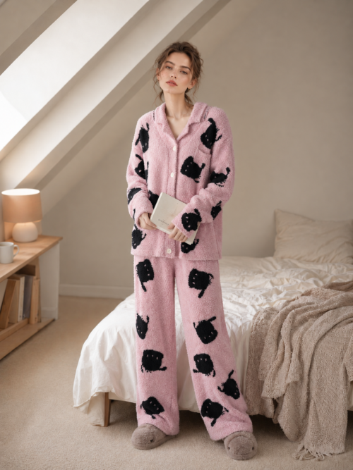 Allover Black Cat Print Collared Half Fleece Pajama Set Women's Pink Warm Winter Loungewear