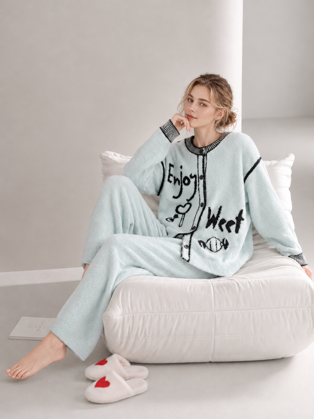 Light Blue Half Fleece Sleepwear Set, Crew Neck Contrast Trim Cardigan, Graffiti Letter & Candy Pattern Drawstring Pants