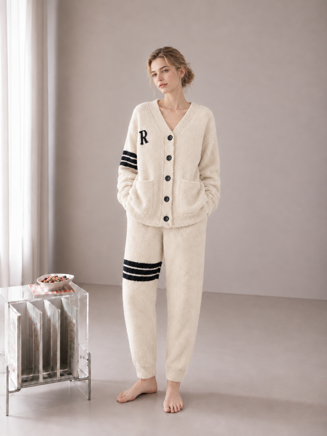 R Letter Varsity Stripe V-Neck Half Fleece Pajama Set Women's Heather Grey Warm Winter Loungewear - Image 16