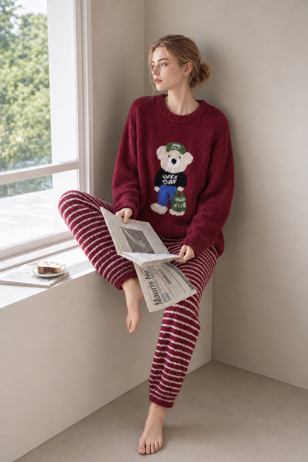 Teddy Bear Print Crew Neck Half Fleece Pajama Set Women's Red Striped Jogger Pants Warm Winter Loungewear - Image 9