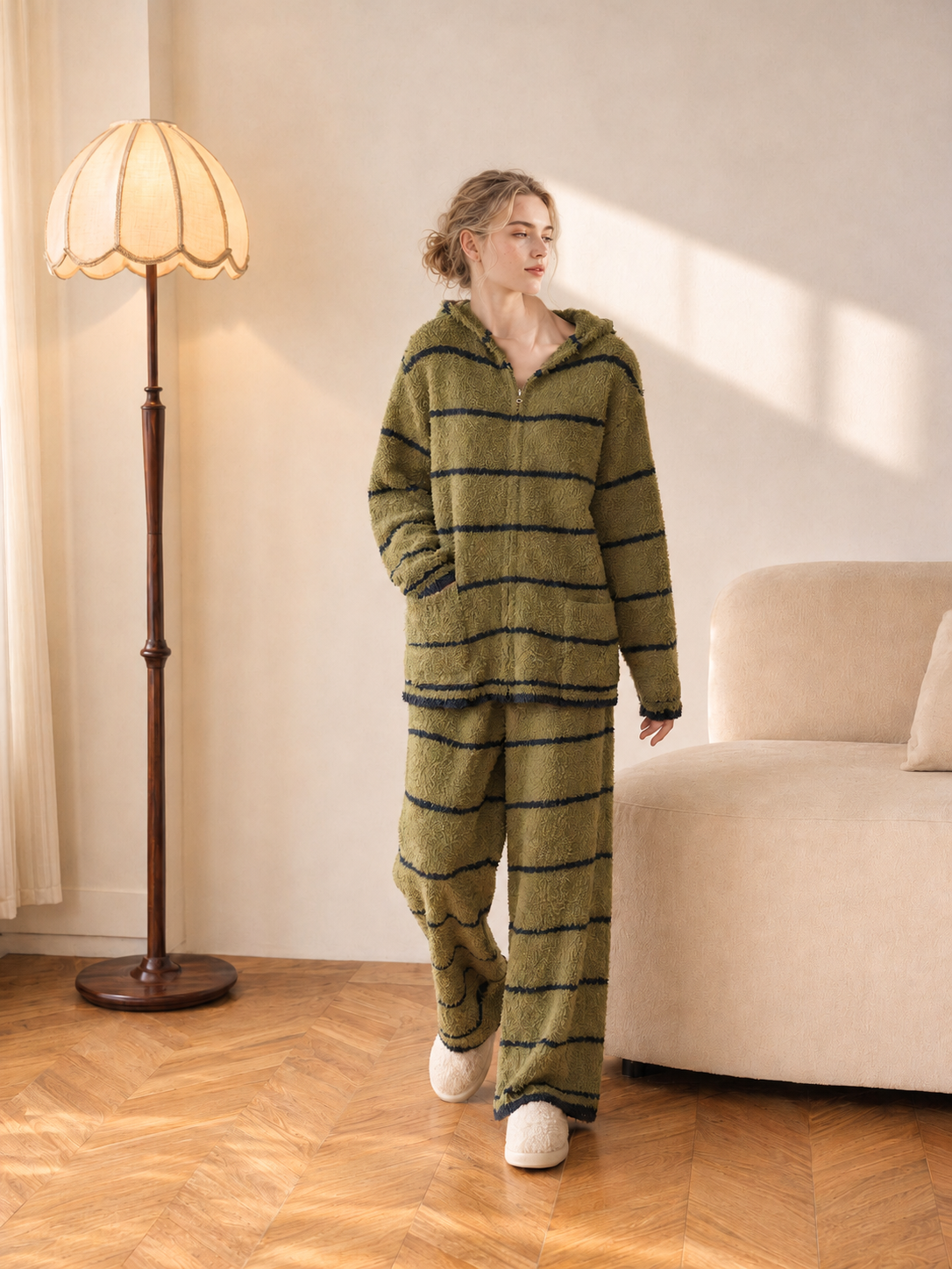 Green White Striped Zip Up Hooded Half Fleece Pajama Set Women's Warm Winter Loungewear with Pockets - Image 3