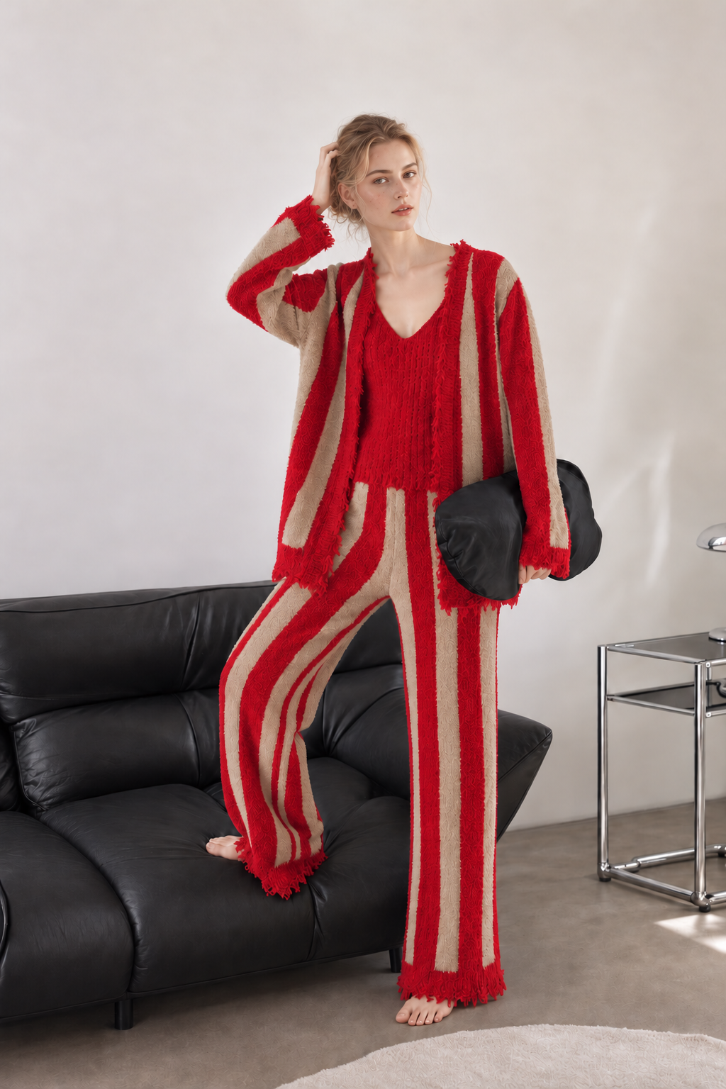 Women's Red & Khaki Half Fleece 3-Piece Loungewear Set, Vertical Stripe Frayed Edge Belted Cardigan & V-neck Camisole & Wide Leg Pants, Front View