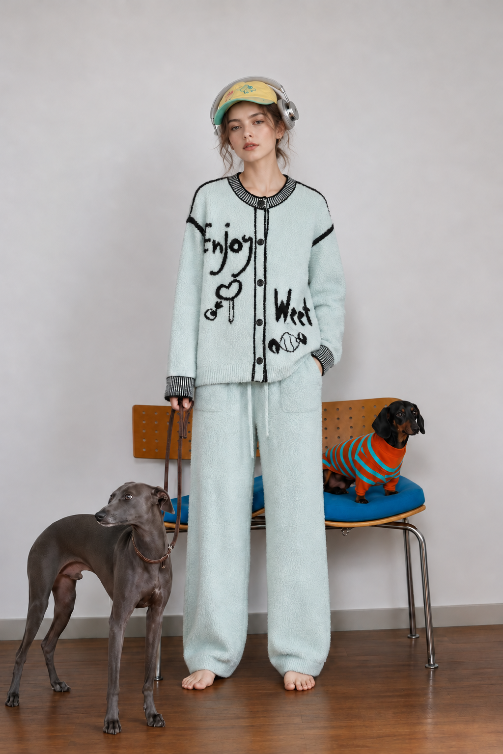 Light Blue Half Fleece Pajama Set, Crew Neck Button Front Cardigan & Drawstring Wide Leg Pants, Black Graffiti Letter & Candy Jacquard, Contrast Ribbed Trim