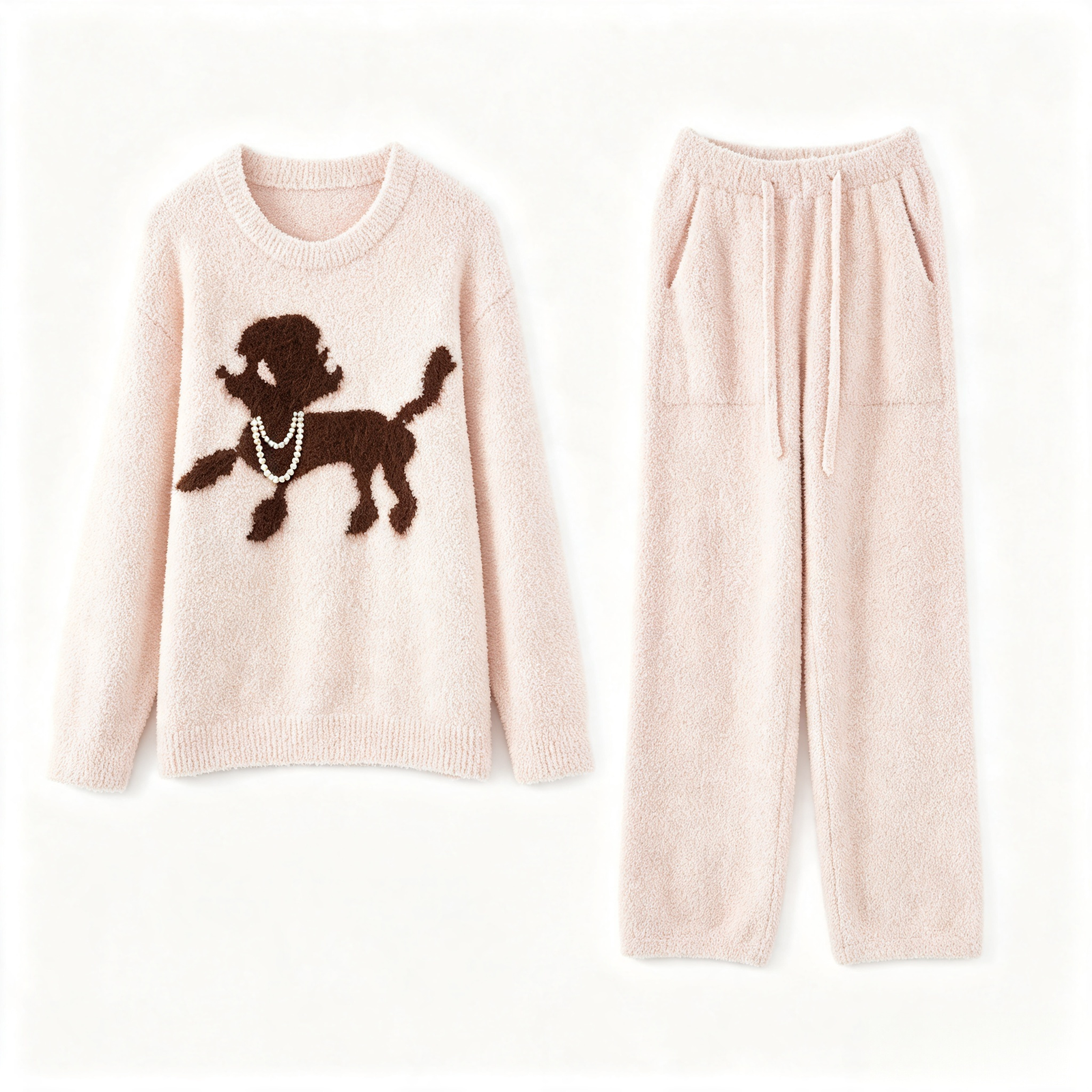 Women's Light Pink Half Fleece Pajama Set, Full Set Flat Lay, Crew Neck Long Sleeve Top & Drawstring Wide Leg Pants, Brown Puppy Graphic with Pearl Detail, Side Pockets