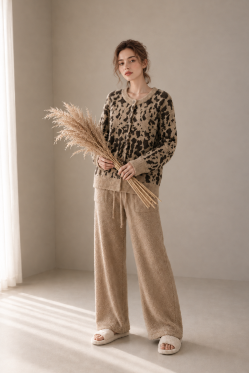 Women's Beige and Dark Brown Half Fleece Pajama Set, Crew Neck Full Button Long Sleeve Cardigan Top & Drawstring Wide Leg Pants, Irregular Leopard Print, Textured Knit Detail