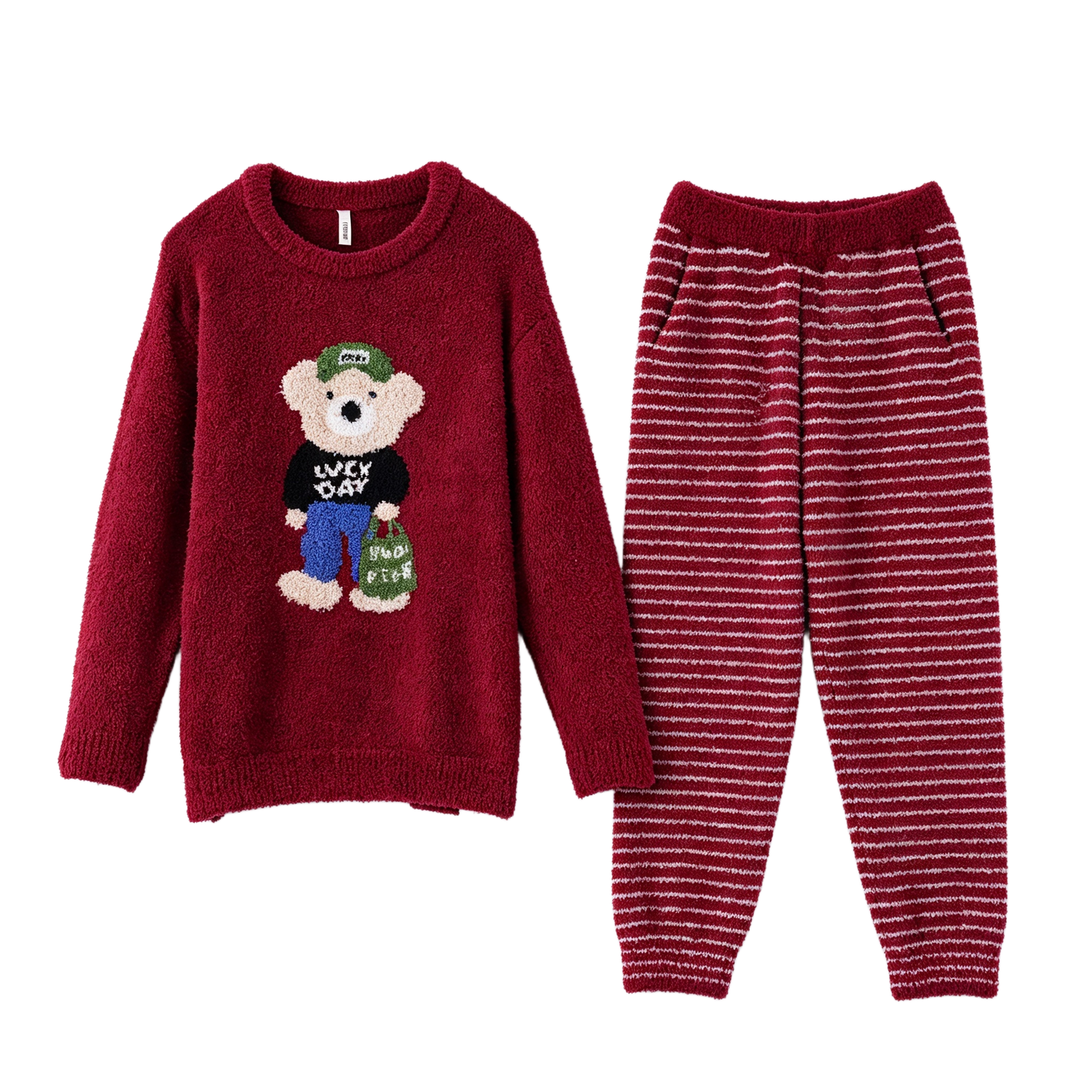 Teddy Bear Print Crew Neck Half Fleece Pajama Set Women's Red Striped Jogger Pants Warm Winter Loungewear - Image 18