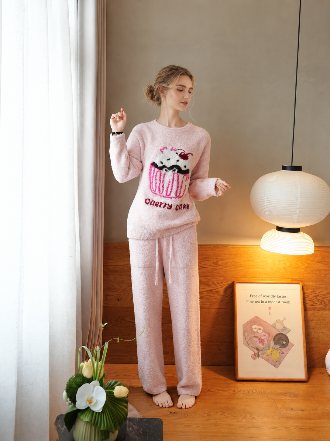 Women's Pink Half Fleece Loungewear Set, Crew Neck Long Sleeve Top & Drawstring Wide Leg Pants, Cherry Cake Graphic Print, Side Pocket Detail