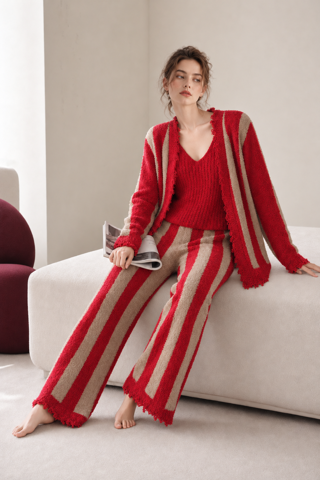 Women's Red & Beige Half Fleece 3-Piece Pajama Set, Vertical Stripe Frayed Trim Open Cardigan & V-neck Cami & Wide Leg Trousers, Front View
