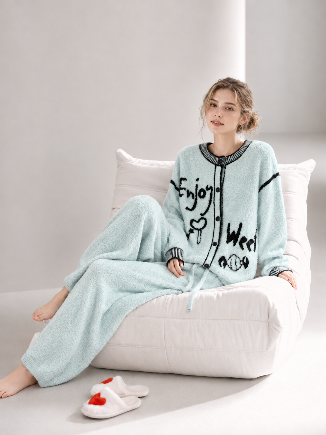 Light Blue Half Fleece Loungewear Set, Long Sleeve Button Top with Graffiti Pattern, Drawstring Wide Leg Trousers, Contrast Ribbed Details