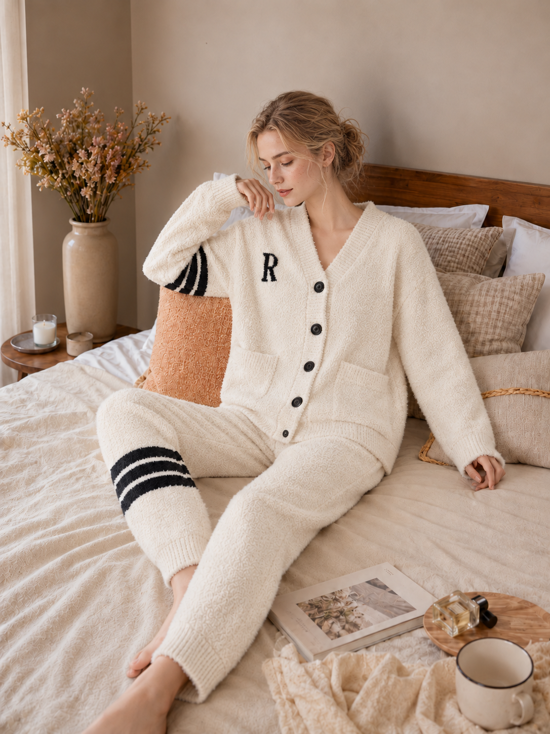 R Letter Varsity Stripe V-Neck Half Fleece Pajama Set Women's Heather Grey Warm Winter Loungewear - Image 14