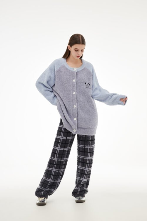 Women's Light Blue Color-Block Half Fleece Loungewear Set, Round Neck Full Button Long Sleeve Top & Dark Check Plaid Wide Leg Trousers, Embroidered Puppy Chest Detail