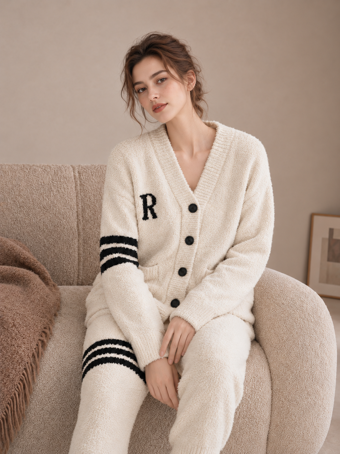 R Letter Varsity Stripe V-Neck Half Fleece Pajama Set Women's Heather Grey Warm Winter Loungewear - Image 13