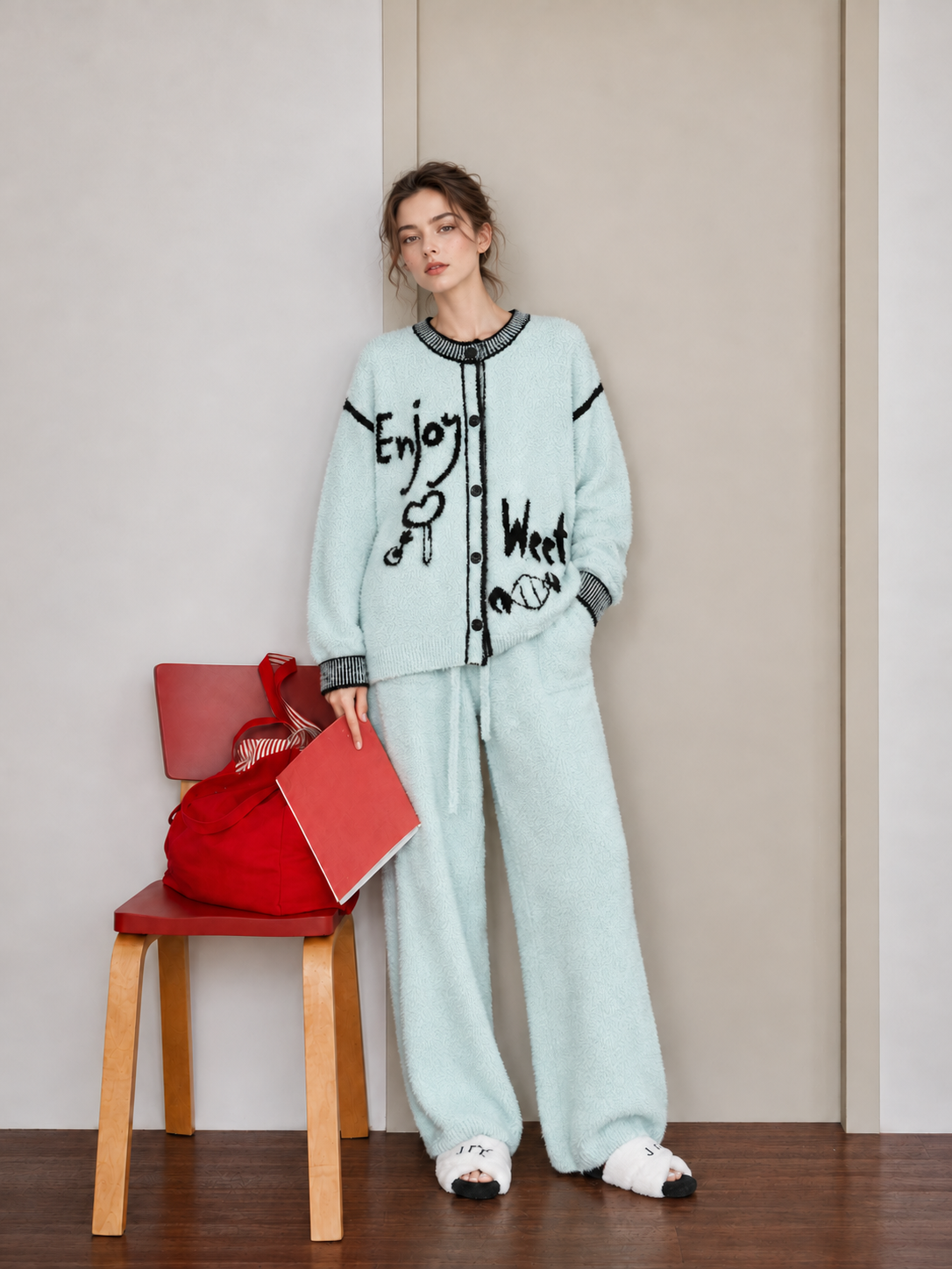 Light Blue Half Fleece Sleepwear Set, Crew Neck Button Cardigan with Black Graffiti Motif, Drawstring Waist Wide Leg Pants