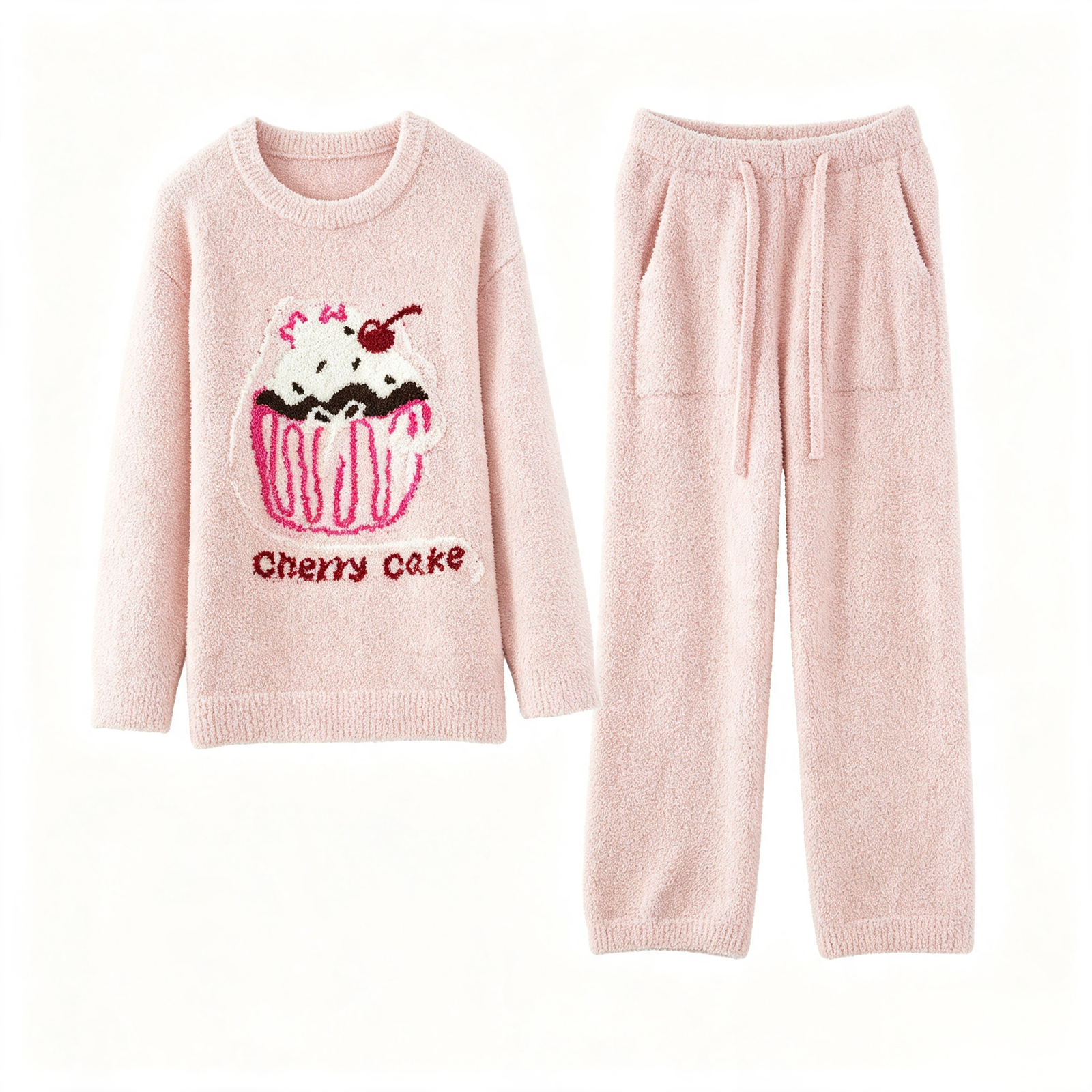 Women's Pink Half Fleece Sleepwear Set, Crew Neck Long Sleeve Top & Drawstring Wide Leg Trousers, Cherry Cupcake Pattern, Soft Half Fleece Fabric