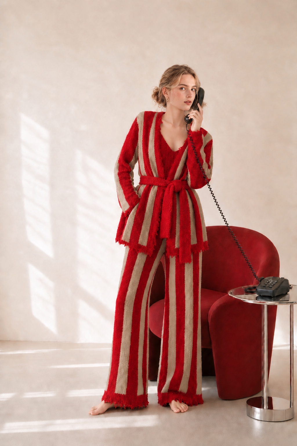 Women's Red & Khaki Half Fleece 3-Piece Sleepwear Set, Vertical Stripe Frayed Edge Cardigan & V-neck Camisole & Wide Leg Pants, Front View