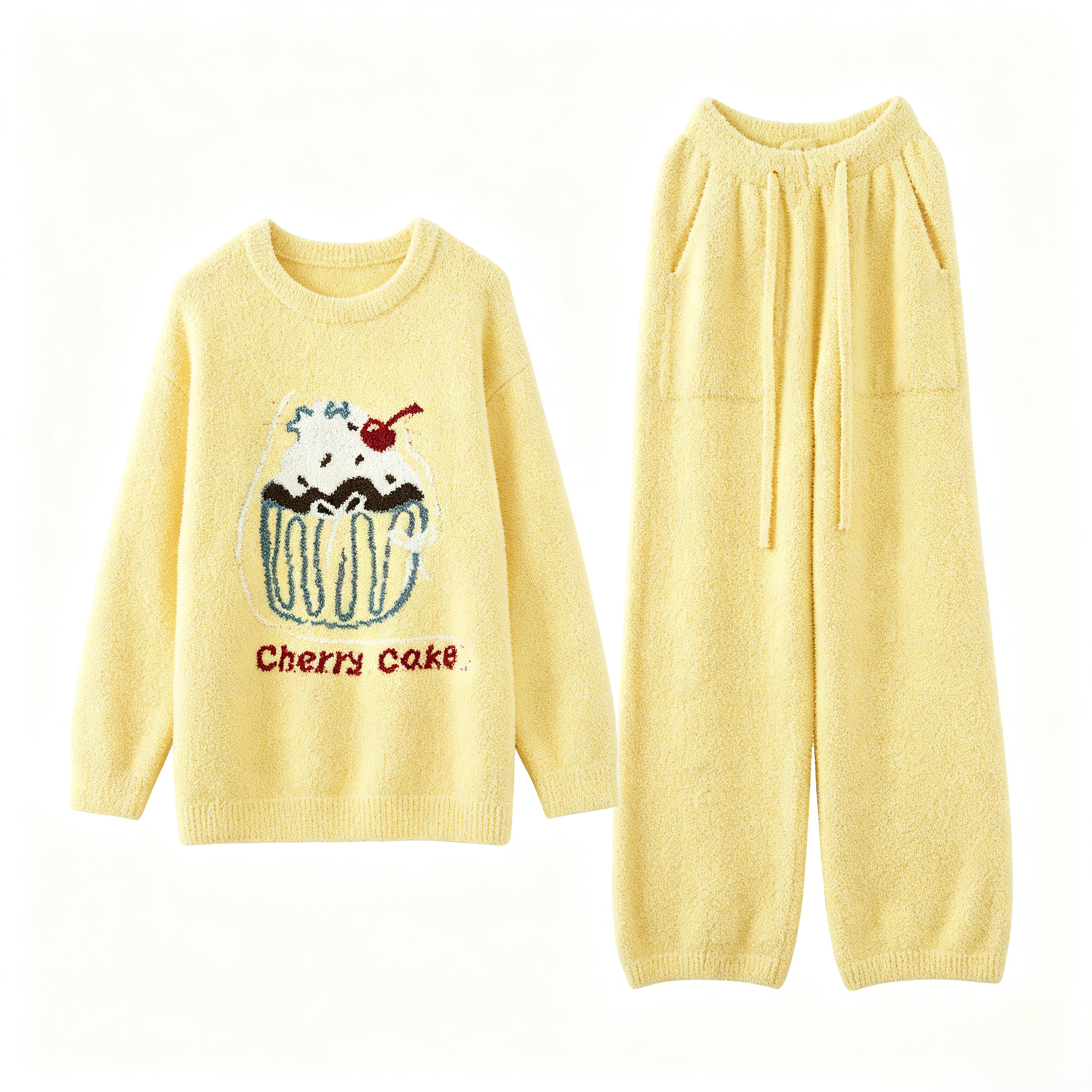 Women's Buttery Yellow Half Fleece Pajama Set, Crew Neck Long Sleeve Cherry Cupcake Top, Drawstring Waist Jogger Pants, Side Pocket Detail