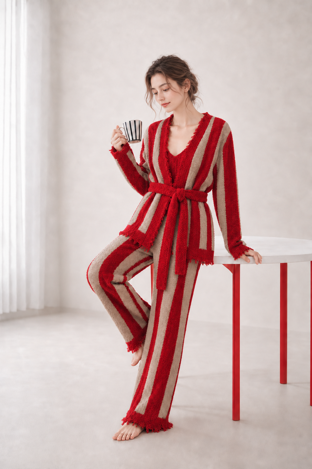Women's Red & Beige Half Fleece 3-Piece Lounge Set, Vertical Stripe Belted Frayed Trim Cardigan & V-neck Cami & Wide Leg Pants, Full Body Front View