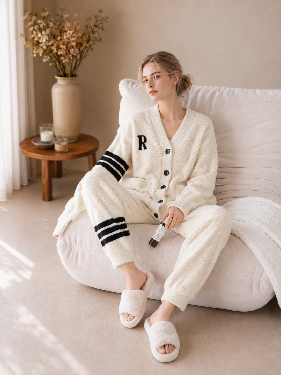 R Letter Varsity Stripe V-Neck Half Fleece Pajama Set Women's Heather Grey Warm Winter Loungewear - Image 12