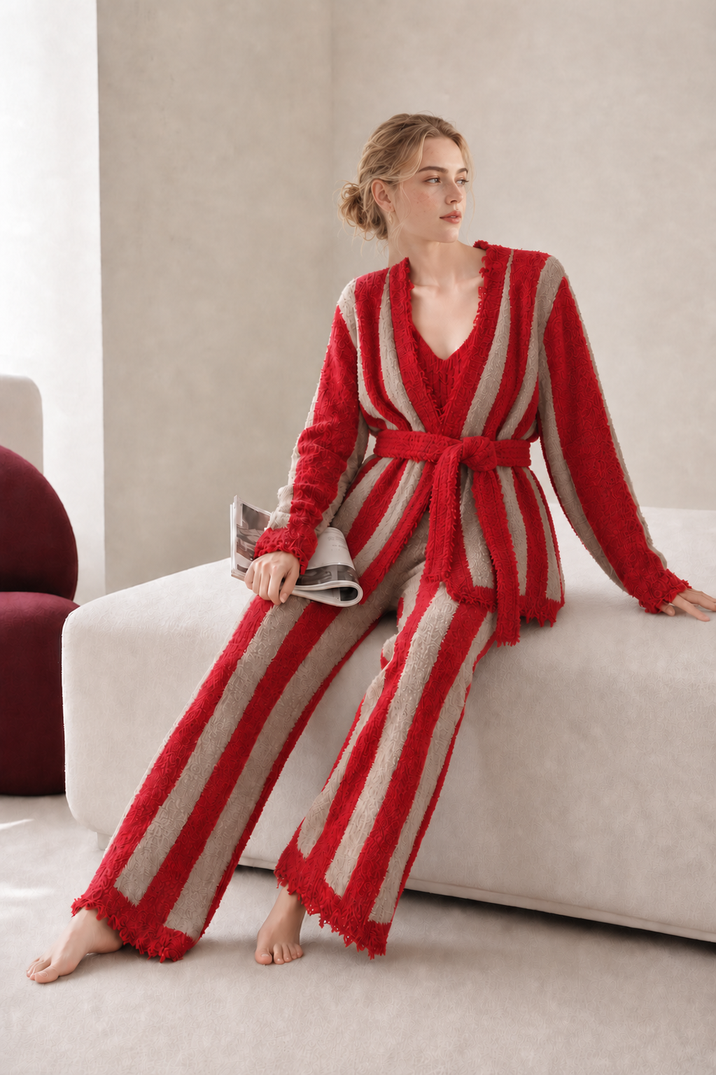 Women's Red & Khaki Half Fleece 3-Piece Loungewear Set, Vertical Stripe Frayed Edge Belted Cardigan & V-neck Camisole & Wide Leg Trousers, Front View