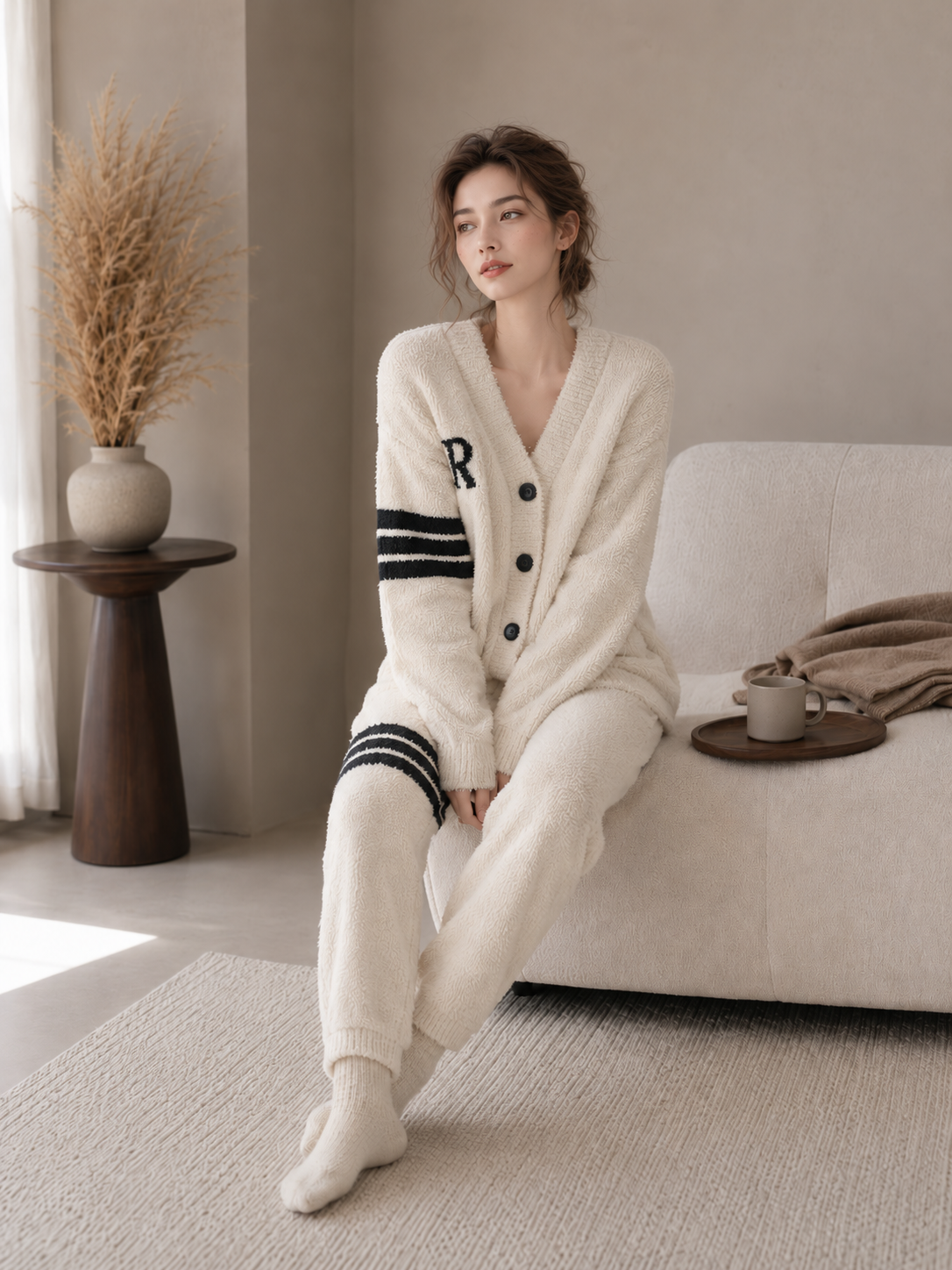 R Letter Varsity Stripe V-Neck Half Fleece Pajama Set Women's Heather Grey Warm Winter Loungewear - Image 11