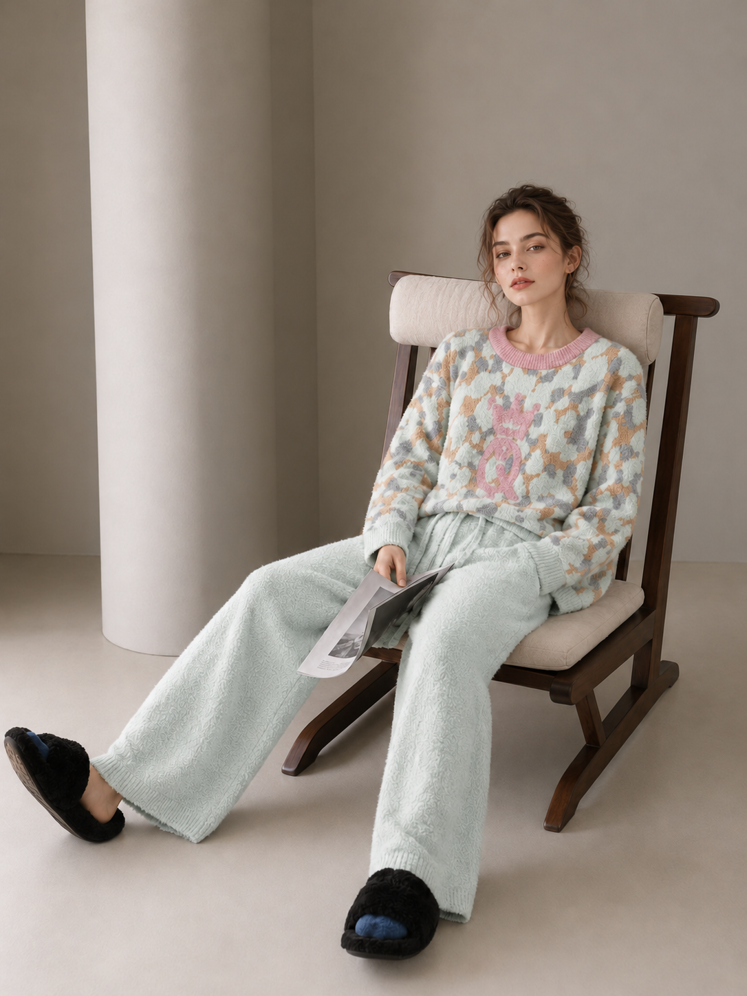 Women's Light Mint Leopard Half Fleece Pajama Set, Pink Ribbed Crew Neck Long Sleeve Top & Drawstring Wide Leg Pants, Irregular Leopard Print, Chest Crown Graphic Detail