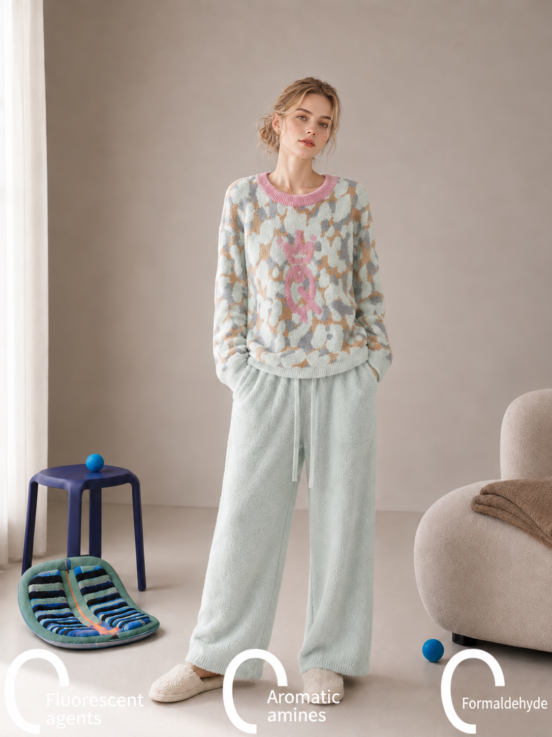Women's Light Mint Leopard Half Fleece Loungewear Set, Pink Crew Neck Long Sleeve Top & Drawstring Wide Leg Trousers, Leopard Pattern, Side Pocket Detail