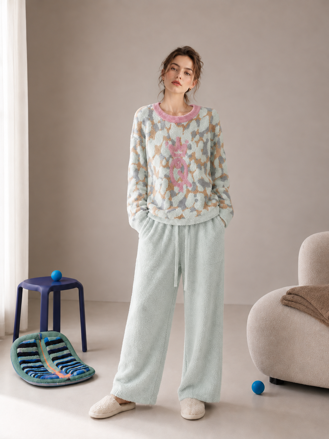 Women's Light Mint Leopard Half Fleece Sleepwear Set, Pink Ribbed Crew Neck Long Sleeve Top & Drawstring Wide Leg Pants, Soft Fleece Fabric, Crown Graphic Print