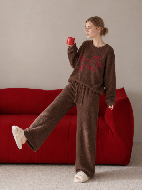 Women's Brown Half Fleece Pajama Set Detail, Round Neck Long Sleeve Top & Drawstring Cuffed Leg Pants, Red Embroidery, Knit Texture & Pocket Detail