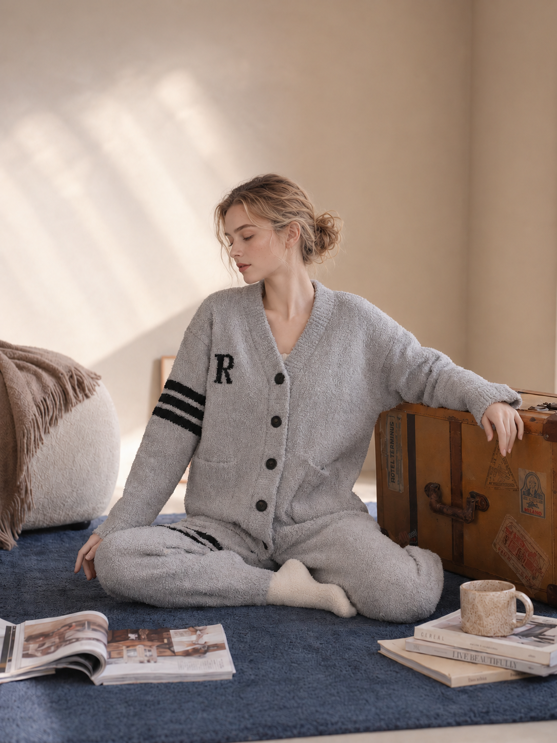 R Letter Varsity Stripe V-Neck Half Fleece Pajama Set Women's Heather Grey Warm Winter Loungewear - Image 9