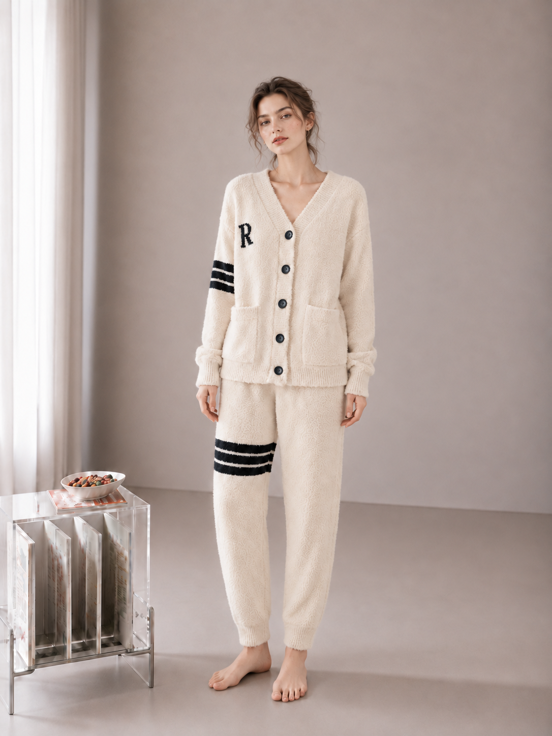 R Letter Varsity Stripe V-Neck Half Fleece Pajama Set Women's Heather Grey Warm Winter Loungewear - Image 24