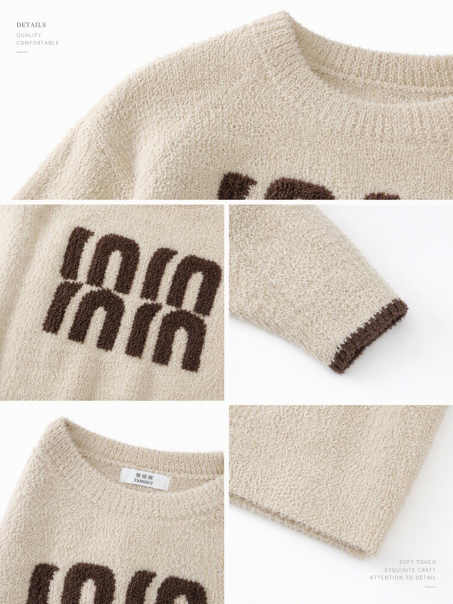 3D Letter Embroidery Crew Neck Half Fleece Nightgown Women's Beige Contrast Cuff Warm Winter Sleep Dress - Image 7