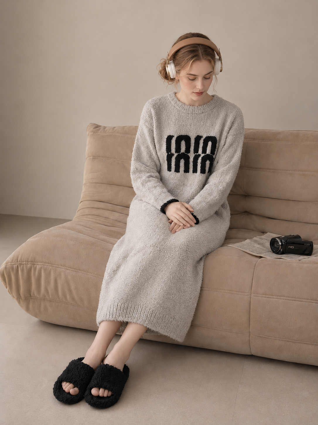 3D Letter Embroidery Crew Neck Half Fleece Nightgown Women's Beige Contrast Cuff Warm Winter Sleep Dress - Image 8
