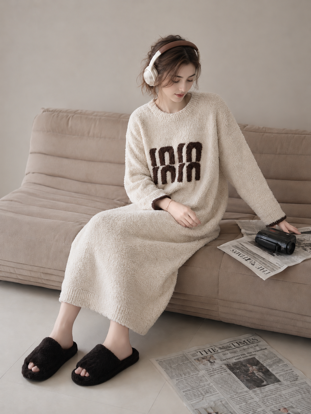 3D Letter Embroidery Crew Neck Half Fleece Nightgown Women's Beige Contrast Cuff Warm Winter Sleep Dress - Image 3