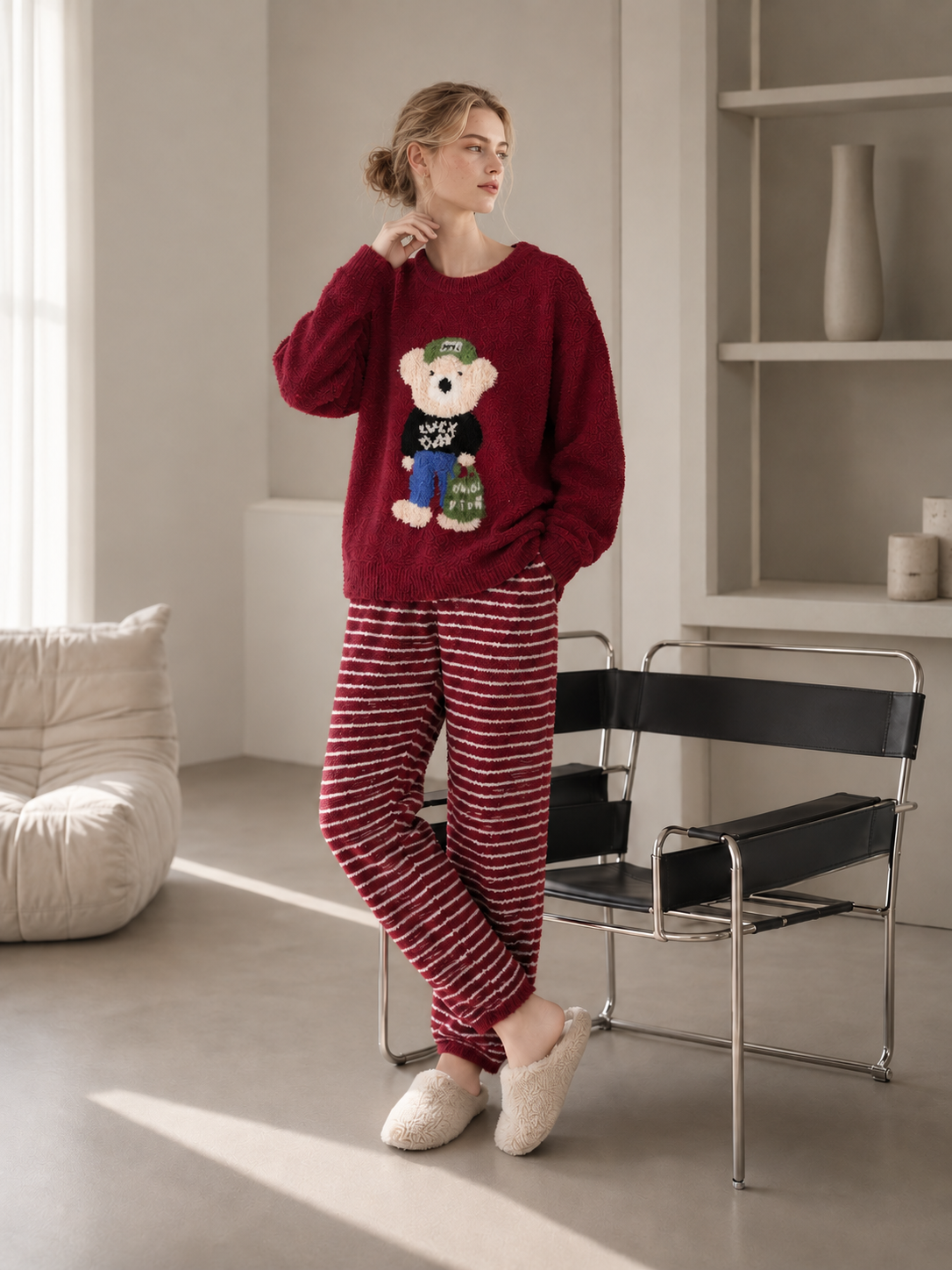 Teddy Bear Print Crew Neck Half Fleece Pajama Set Women's Red Striped Jogger Pants Warm Winter Loungewear - Image 17