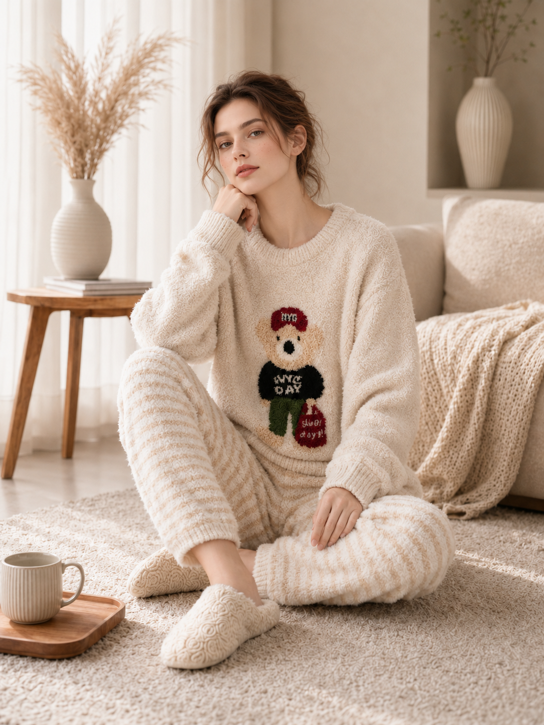 Teddy Bear Print Crew Neck Half Fleece Pajama Set Women's Red Striped Jogger Pants Warm Winter Loungewear - Image 2