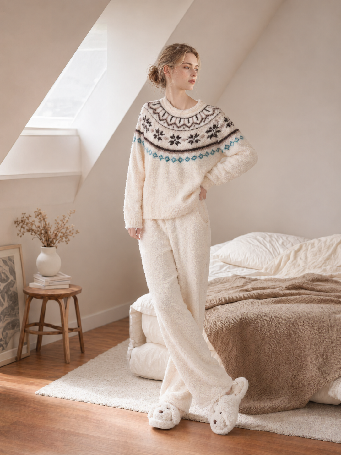 Cream Fair Isle Yoke Crew Neck Half Fleece Pajama Set Women's Vintage Winter Loungewear