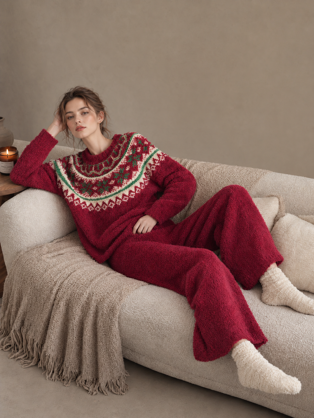 Cream Fair Isle Yoke Crew Neck Half Fleece Pajama Set Women's Vintage Winter Loungewear - 이미지 22