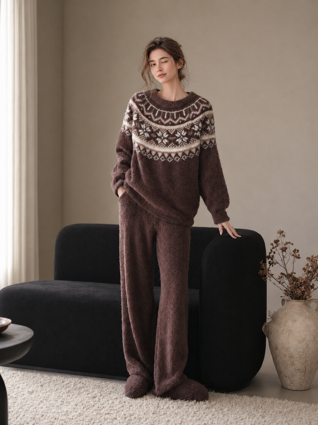 Cream Fair Isle Yoke Crew Neck Half Fleece Pajama Set Women's Vintage Winter Loungewear - 이미지 9