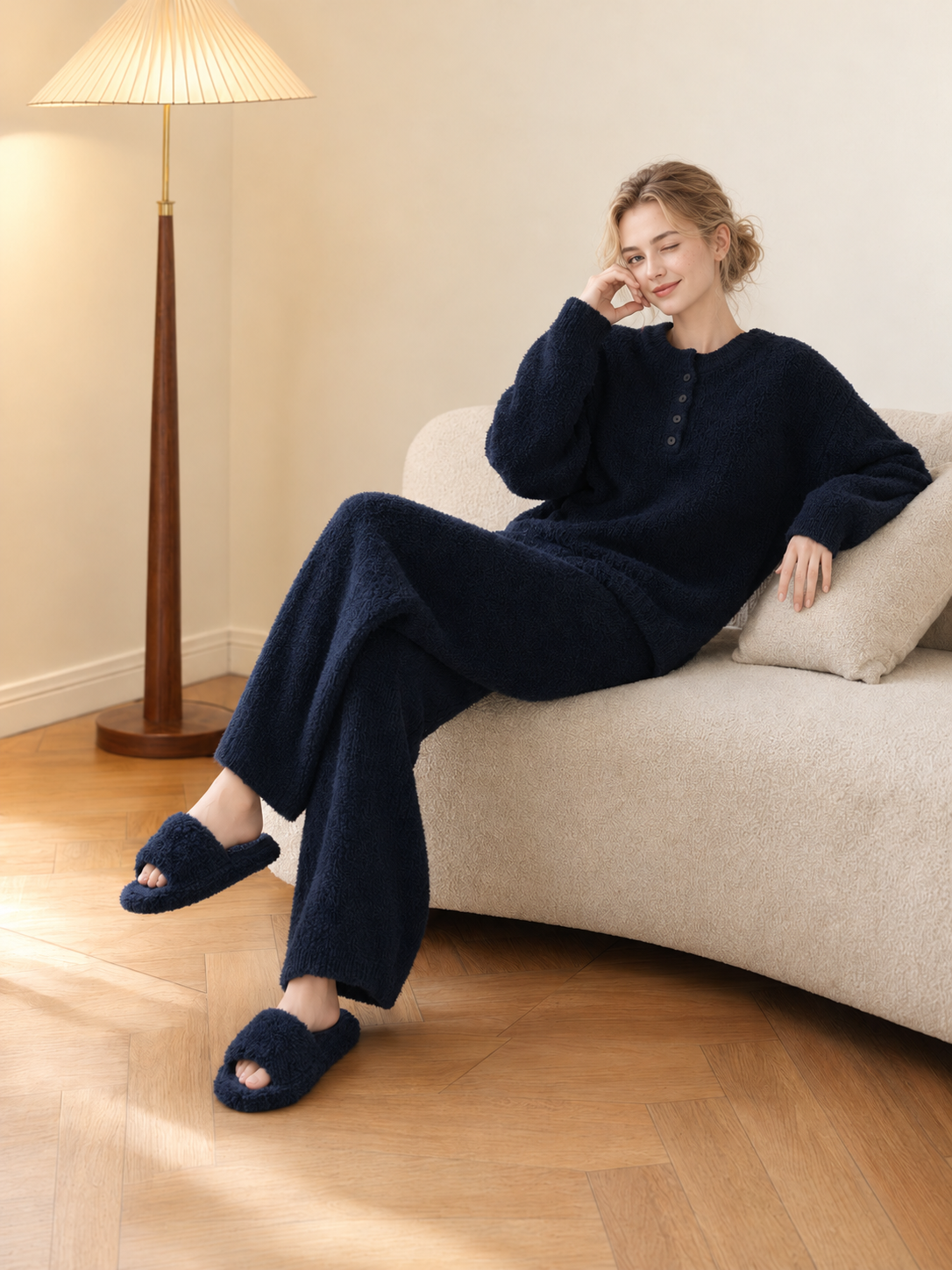 Oatmeal Henley Half Fleece Pajama Set Men's Warm Winter Loungewear with Pockets - Image 7