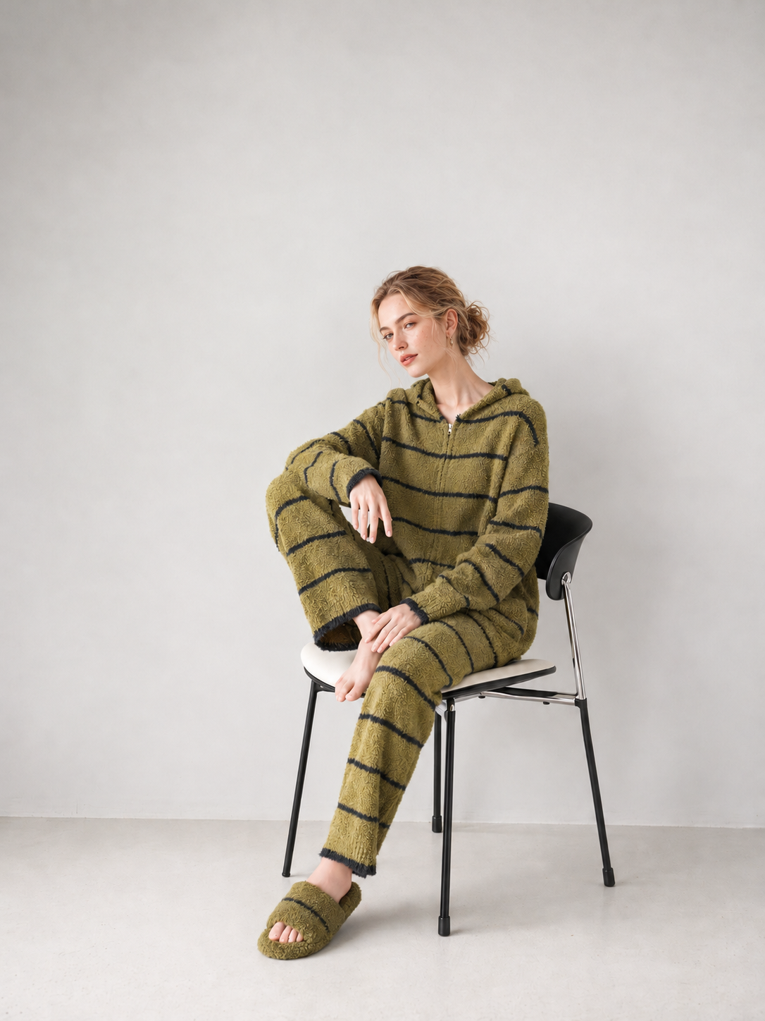 Green White Striped Zip Up Hooded Half Fleece Pajama Set Women's Warm Winter Loungewear with Pockets - Image 2